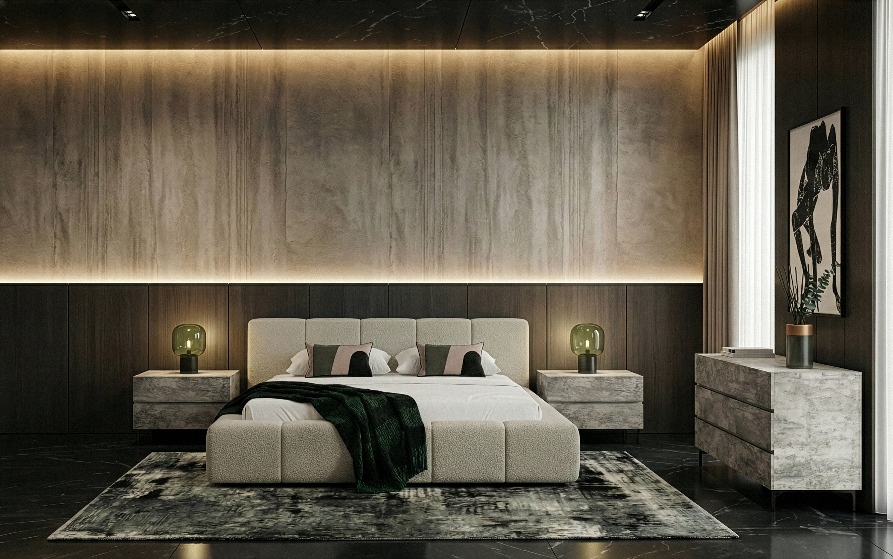 Queen Lamont + Aria - Modern Beige Fabric + Grey Texture 4-Piece Bedroom Set by VIG Furniture - View 1