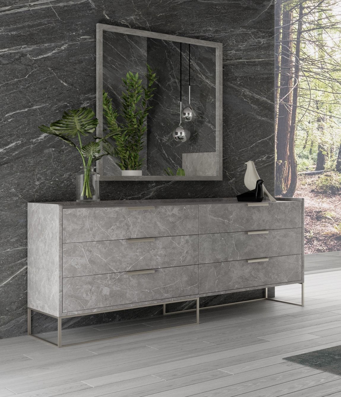 Eastern King Marbella - Italian Modern Grey Faux Marble 4-Piece Bedroom Set