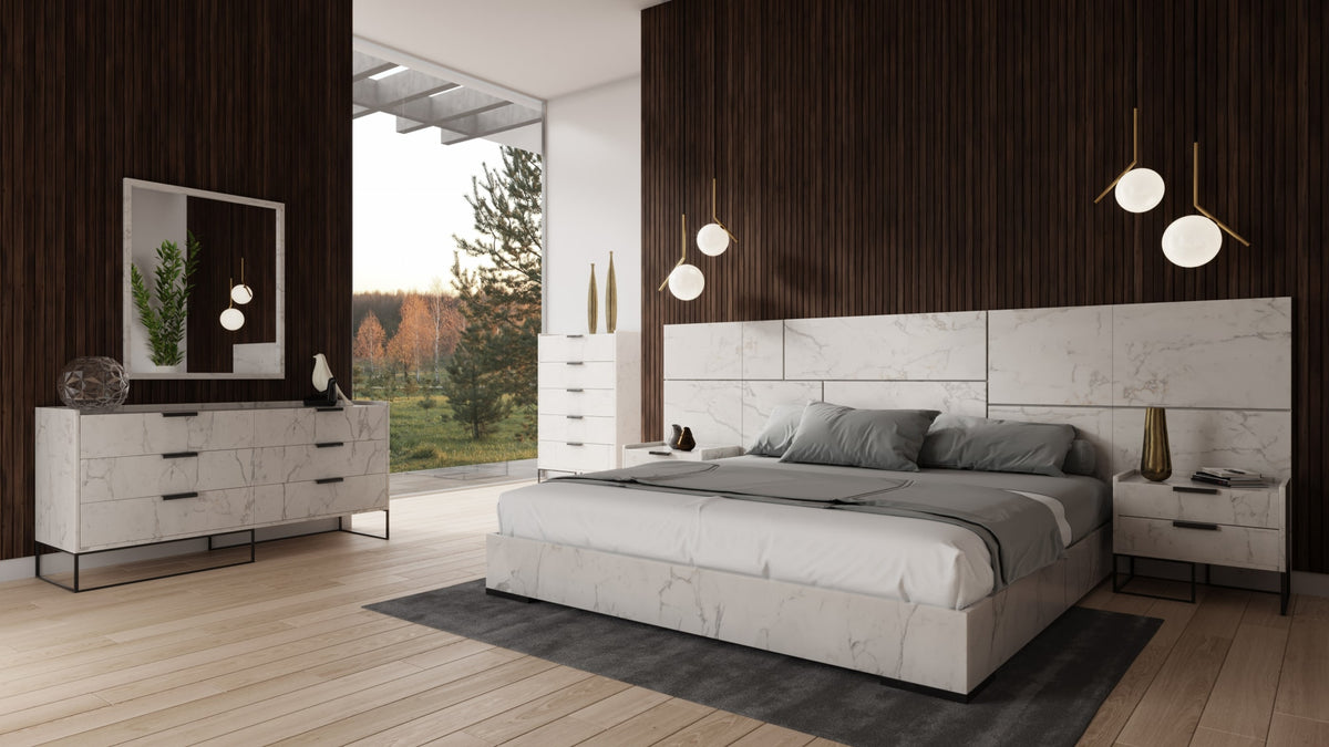 Queen Size Marbella - Italian Modern White Marble Bed w/ 2 Nightstands by VIG Furniture - View 2