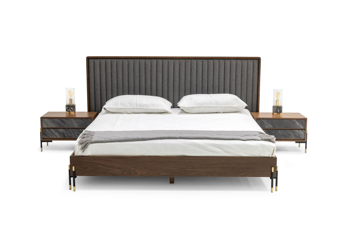 Eastern King Metcalf - Mid-Century Walnut & Grey Bed w/ Two Nightstands by VIG Furniture - View 1