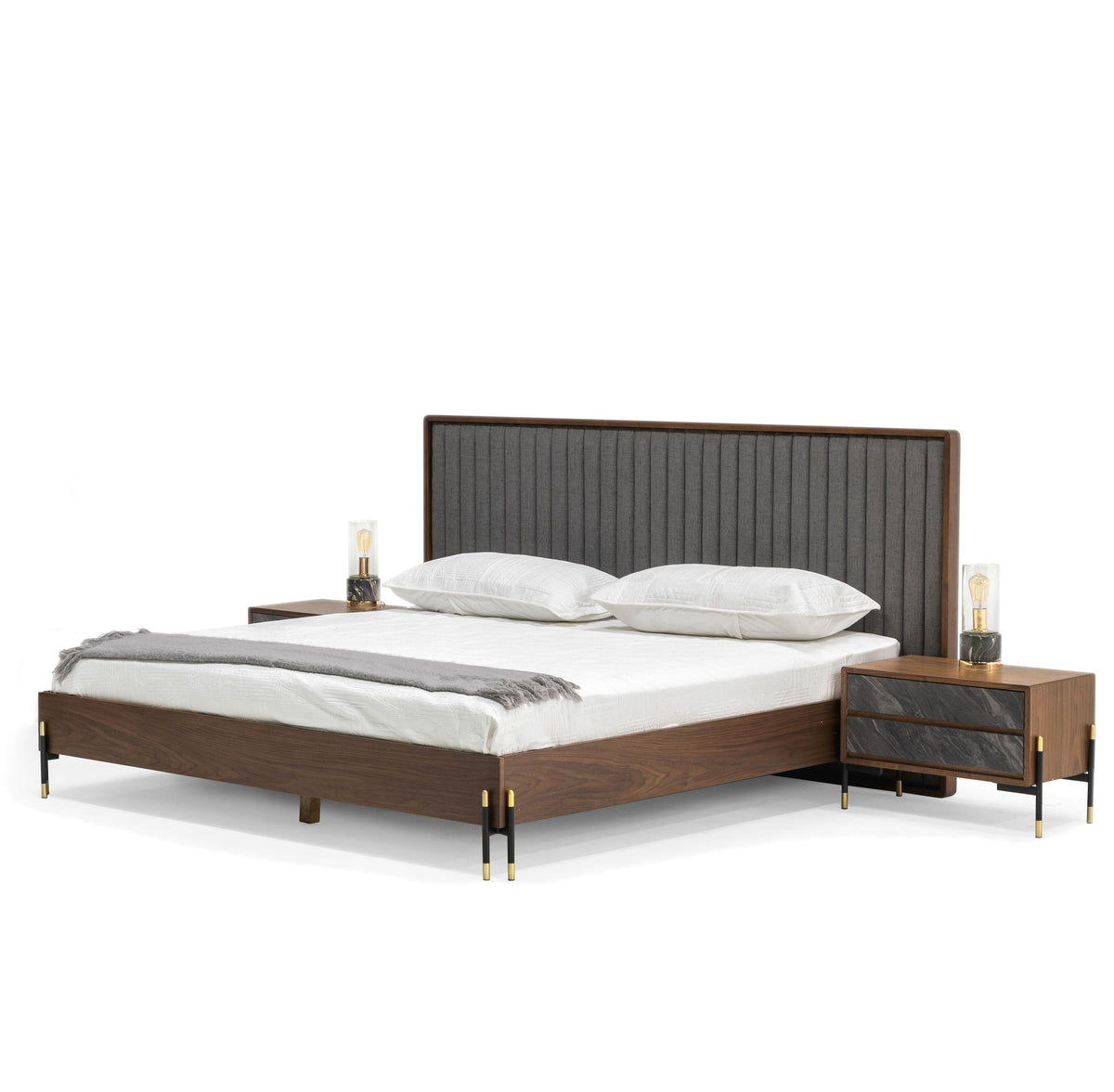 Eastern King Metcalf - Mid-Century Walnut & Grey Bed w/ Two Nightstands by VIG Furniture - View 2