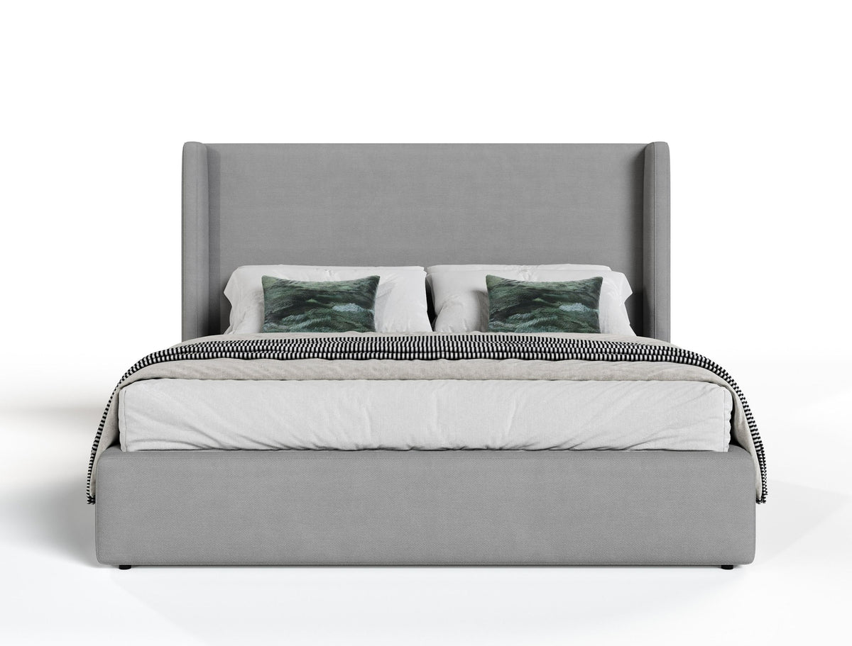 Eastern King Byrne + Asus - Modern Grey Fabric + Elm Grey Bed & 2 Nightstands