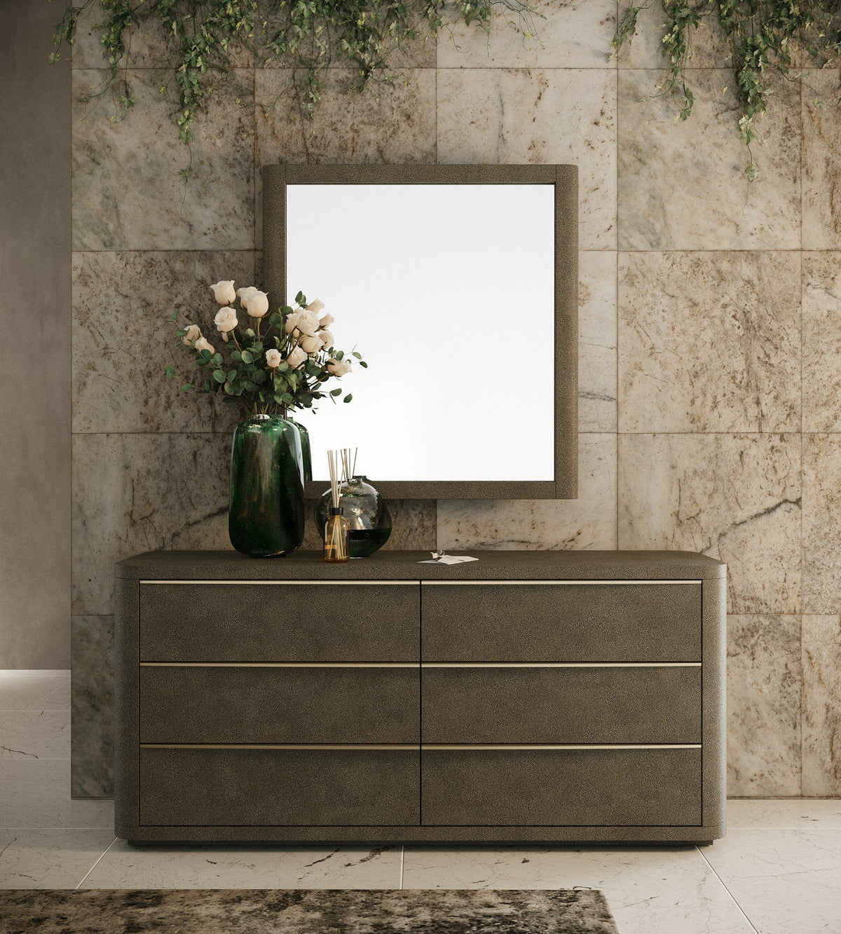 Eastern King Lois - Modern Grey Leather & Beige Shagreen Bedroom Set
