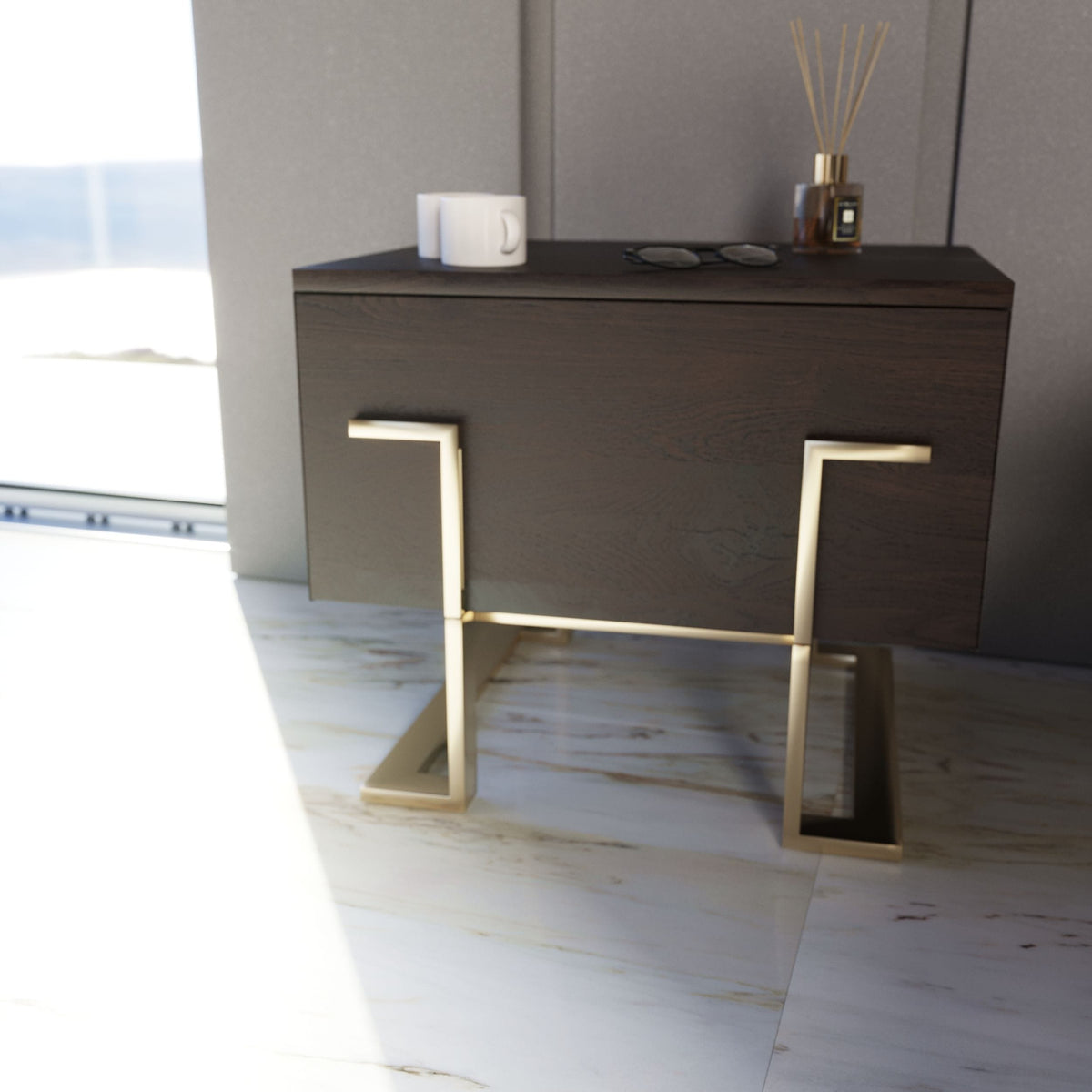 Moontide Modern Smoked Ash & Gold Nightstand by VIG Furniture - View 2