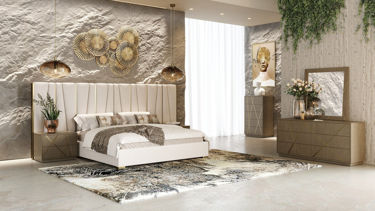 California King Nixa - Modern Beige Velvet + Brushed Bronze Bed