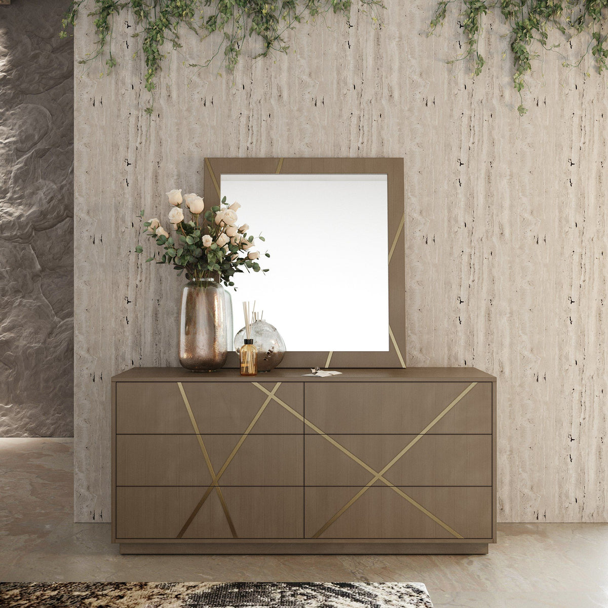 California King Nixa - Modern Beige Velvet + Brushed Bronze + Birch 4-Piece Bedroom Set