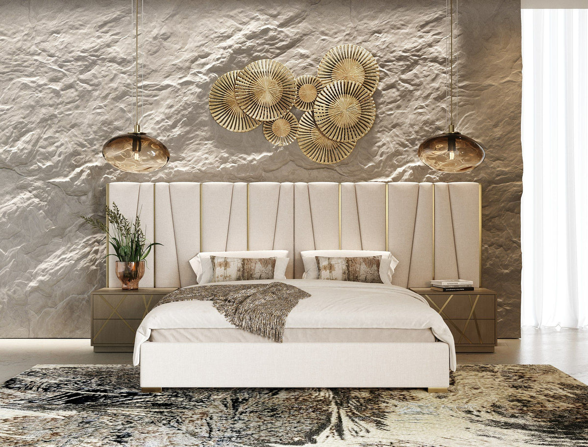 Nixa - Modern Beige Velvet + Brushed Bronze + Birch Bedroom Set-queen