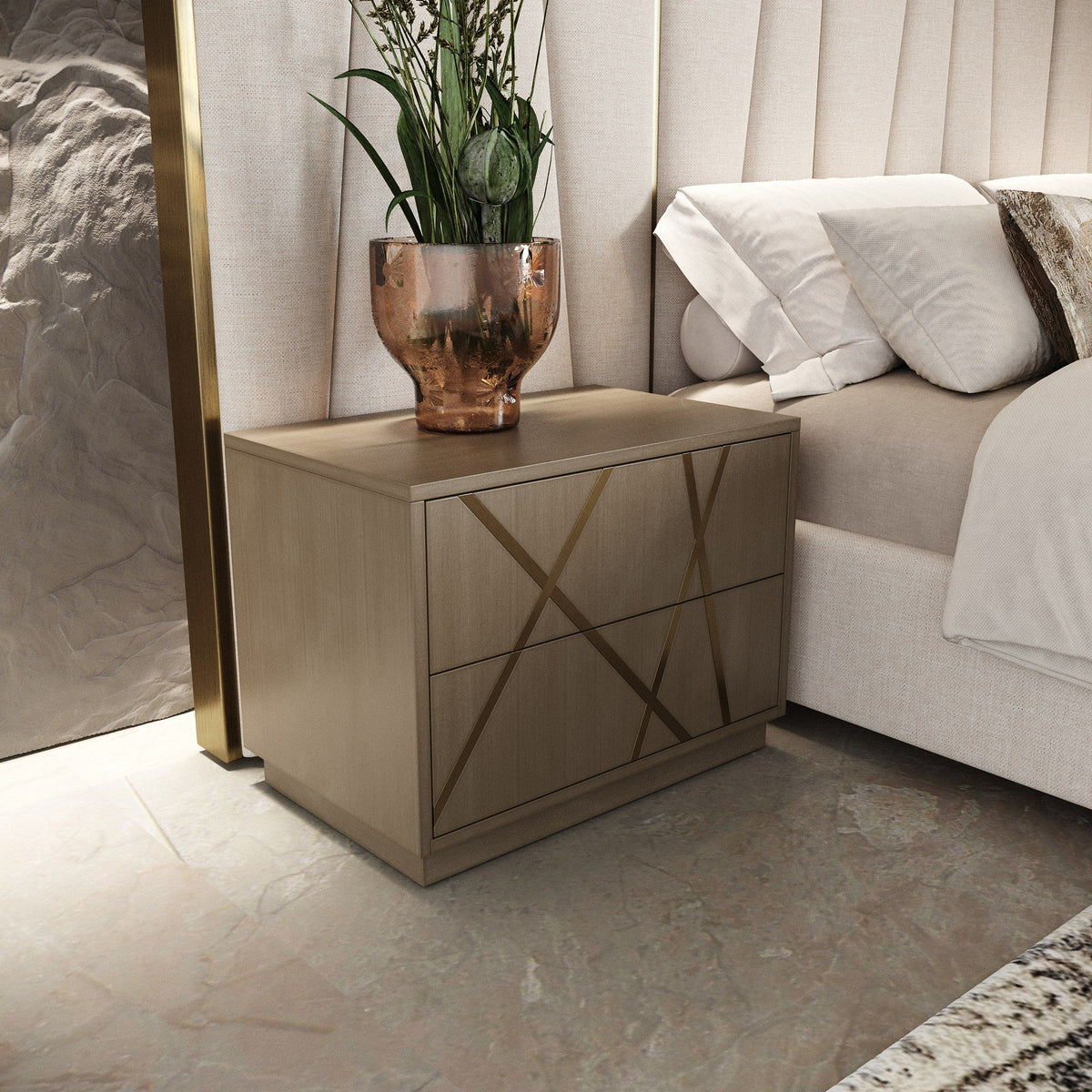 Nixa - Modern Beige Velvet + Brushed Bronze + Birch Bedroom Set-queen