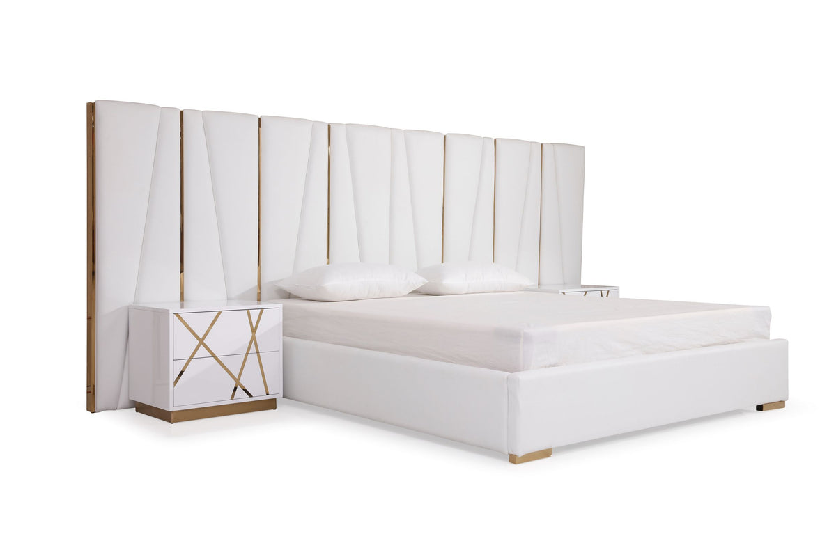 Nixa - Queen Modern White + Gold Bed + Nightstands by VIG Furniture - View 3