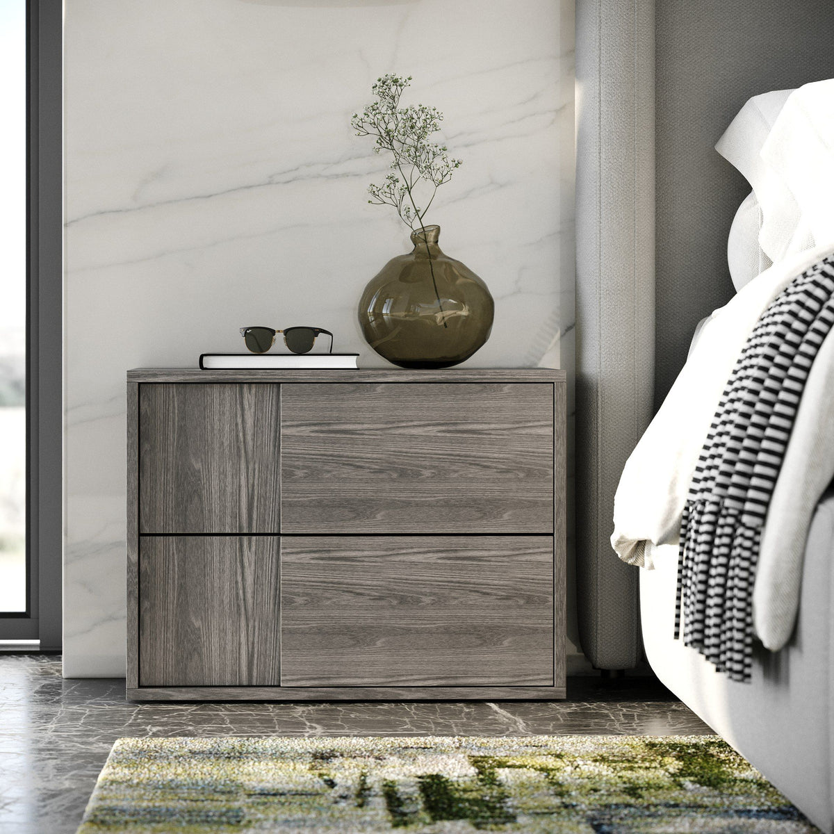 Queen Byrne + Asus - Modern Grey Fabric + Elm Grey Bed & 2 Nightstands