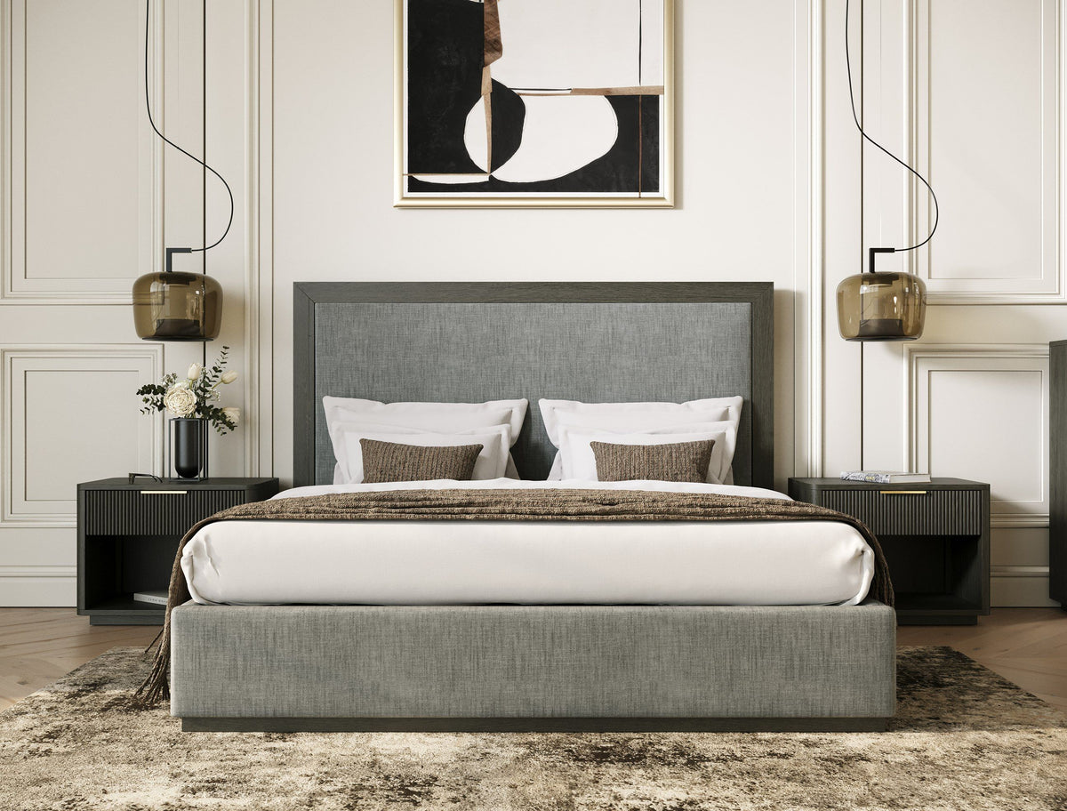 Eastern King Santa Barbara + Santa Monica - Modern Grey Fabric + Grey Wash Bedroom Set