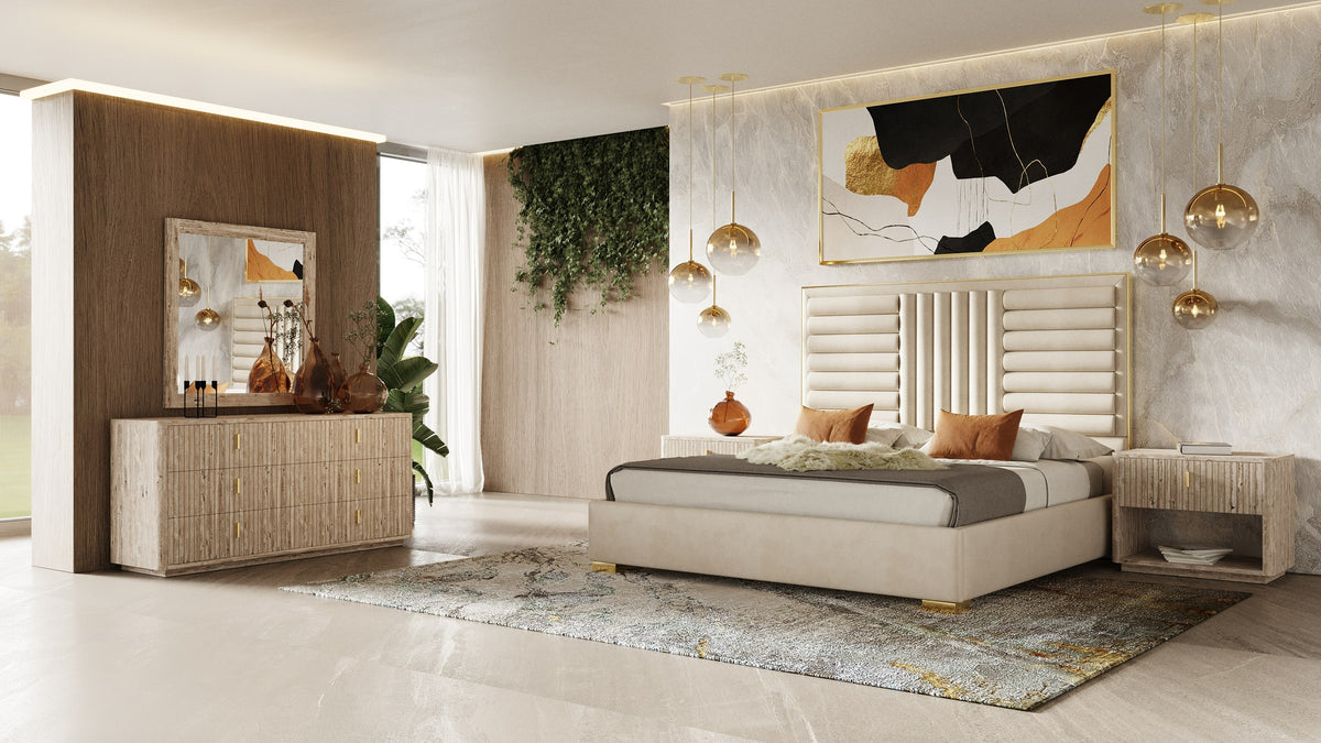 Queen - Daystar + Roma - Modern Beige Velvet + Travertine + Gold Bedroom Set by VIG Furniture - View 1