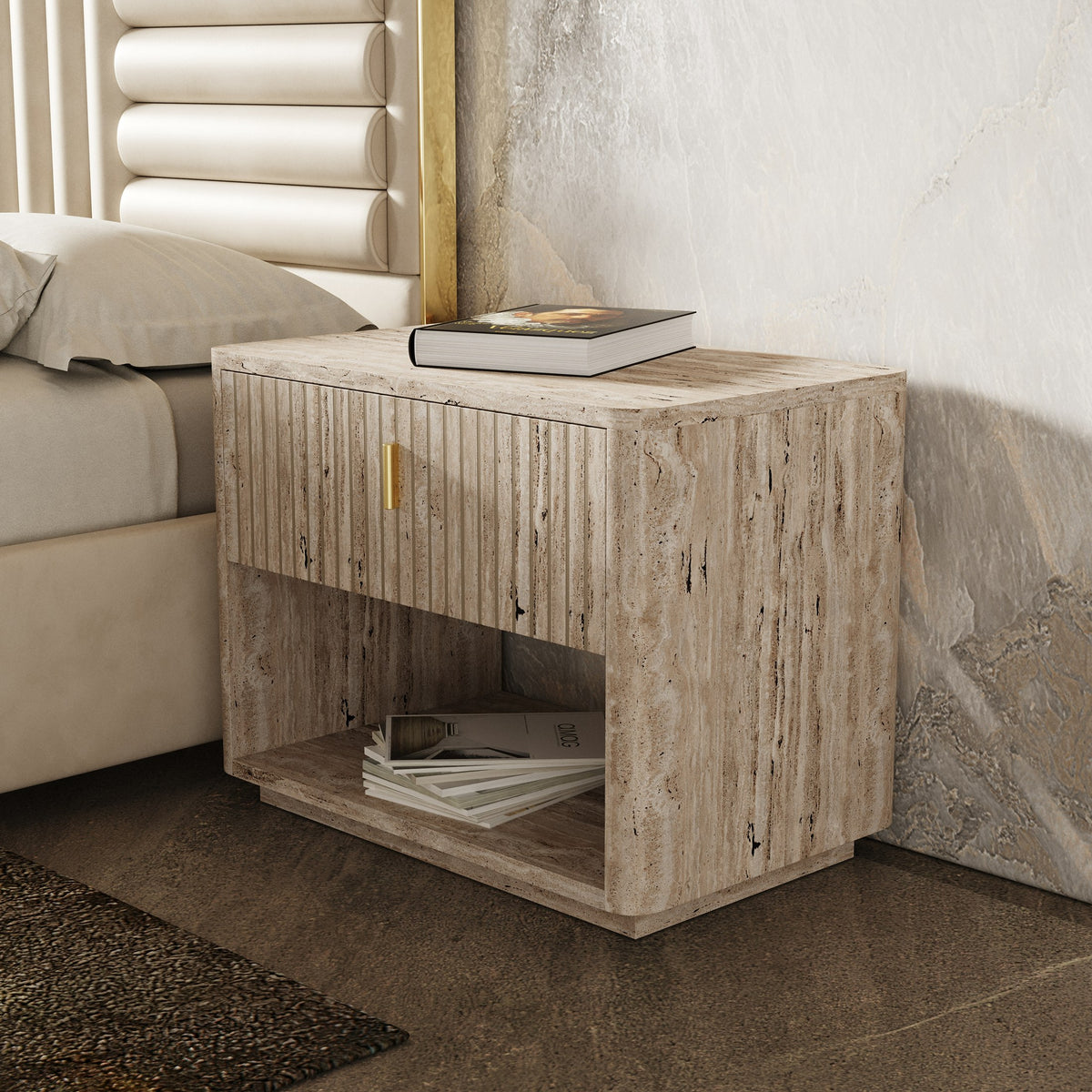Queen - Daystar + Roma - Modern Beige Velvet + Travertine + Gold Bedroom Set by VIG Furniture - View 3