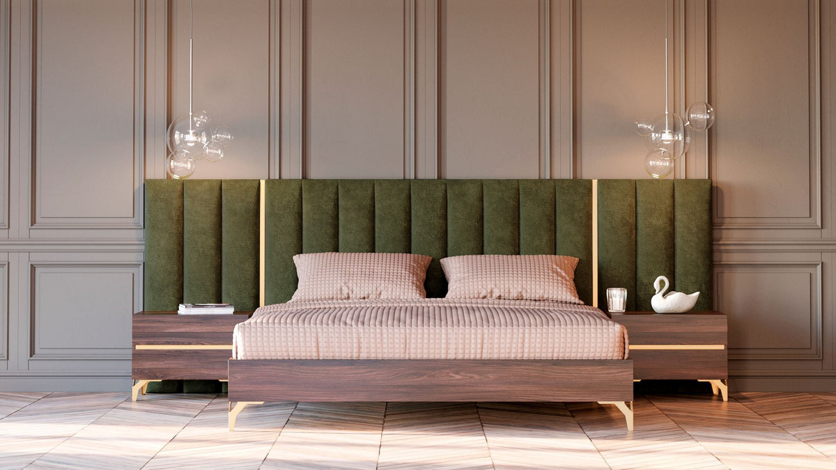 Calabria Modern Walnut & Green Velvet Bed & Nightstands by VIG Furniture - View 1