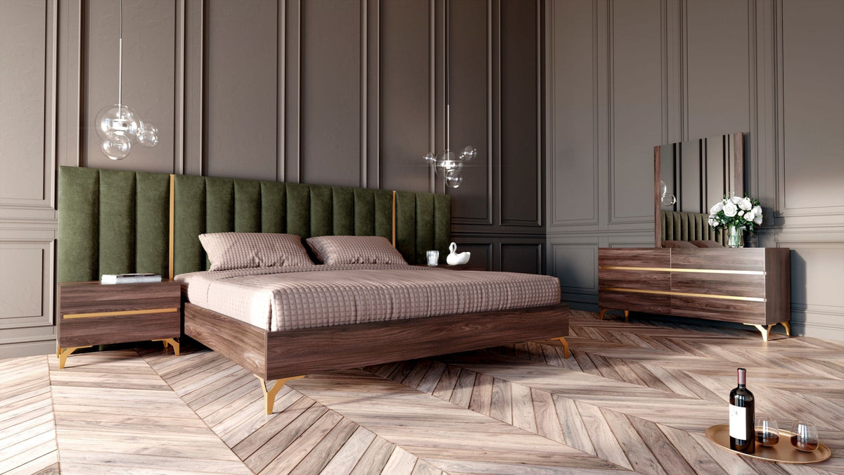 Calabria Modern Walnut & Green Velvet Bed & Nightstands by VIG Furniture - View 5