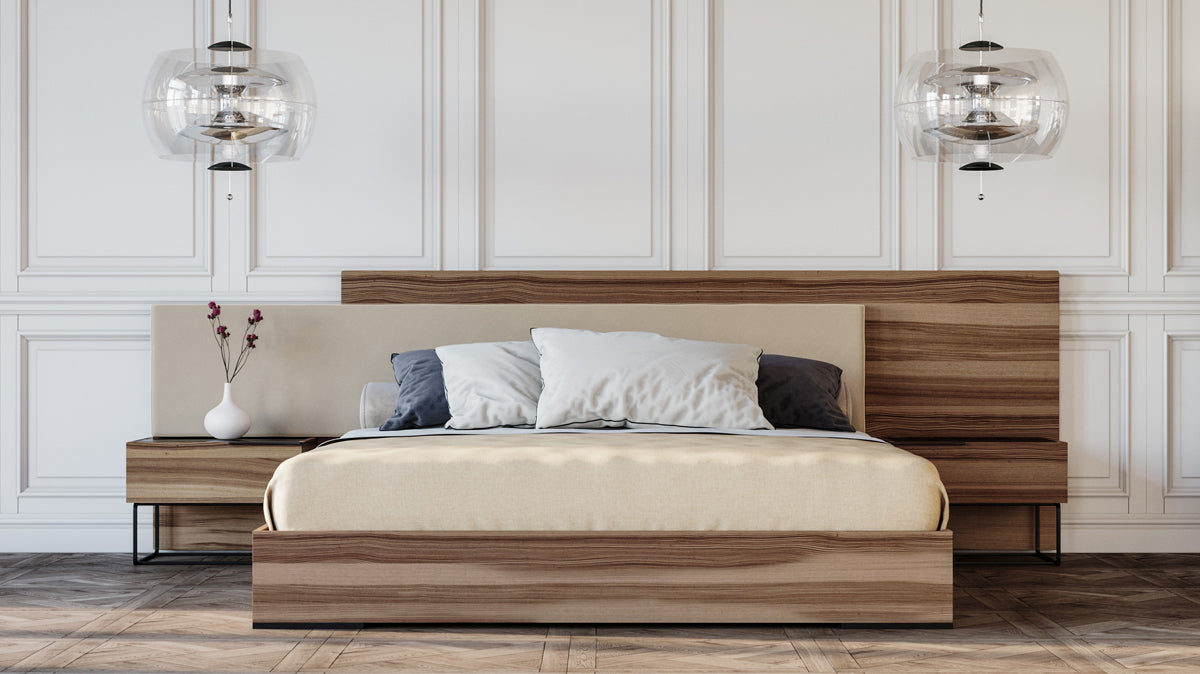 Queen Matteo Italian Modern Walnut & Fabric Bed + 2 Nightstands + Dresser Set by VIG Furniture - View 1