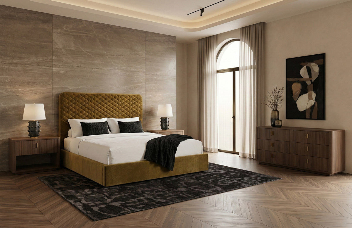 Queen Trieste - Modern Brown Fabric Bed