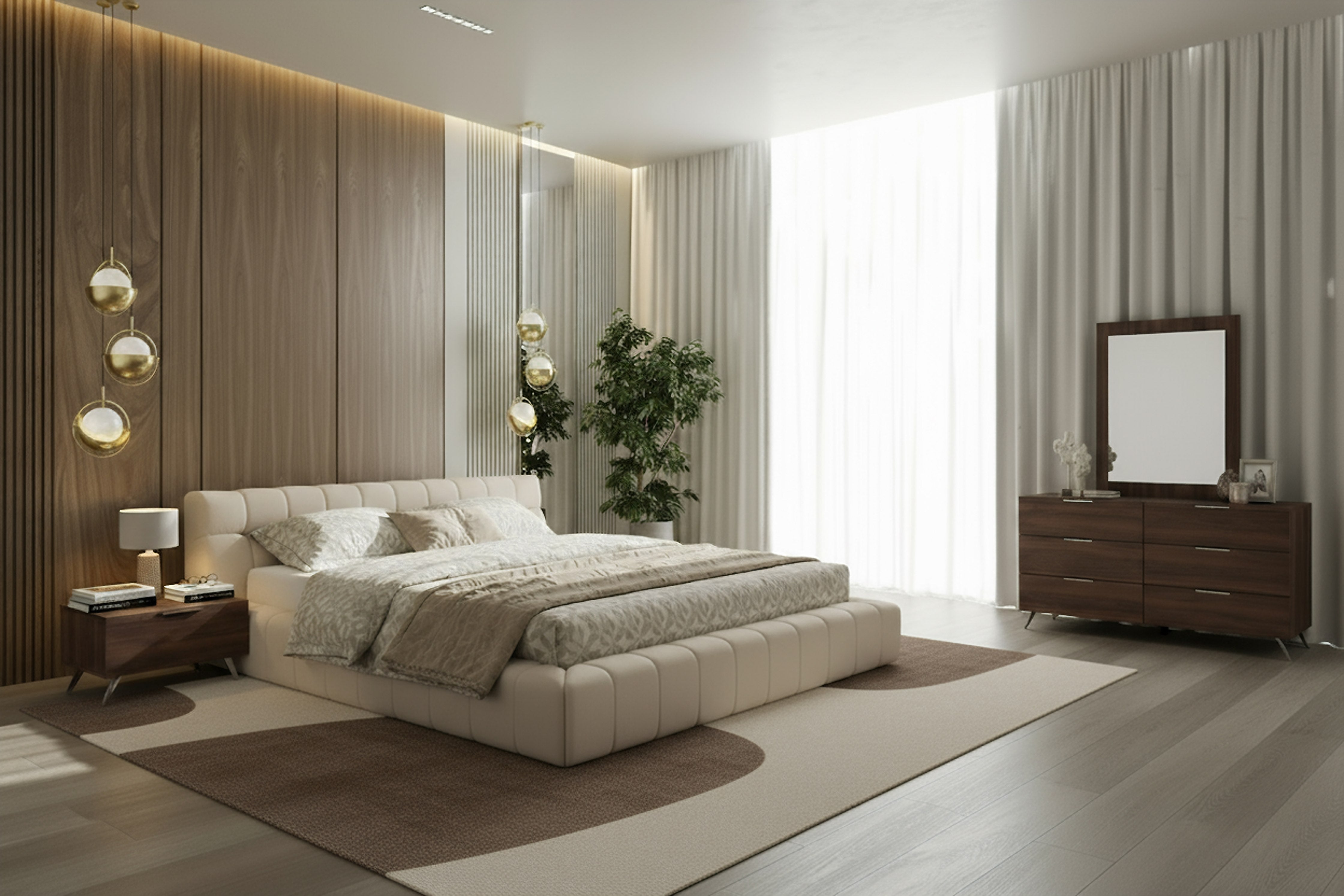 Eastern King Tyree + Brooklyn - Modern Off-White Fabric + Walnut 4-Piece Bedroom Set by VIG Furniture - View 1