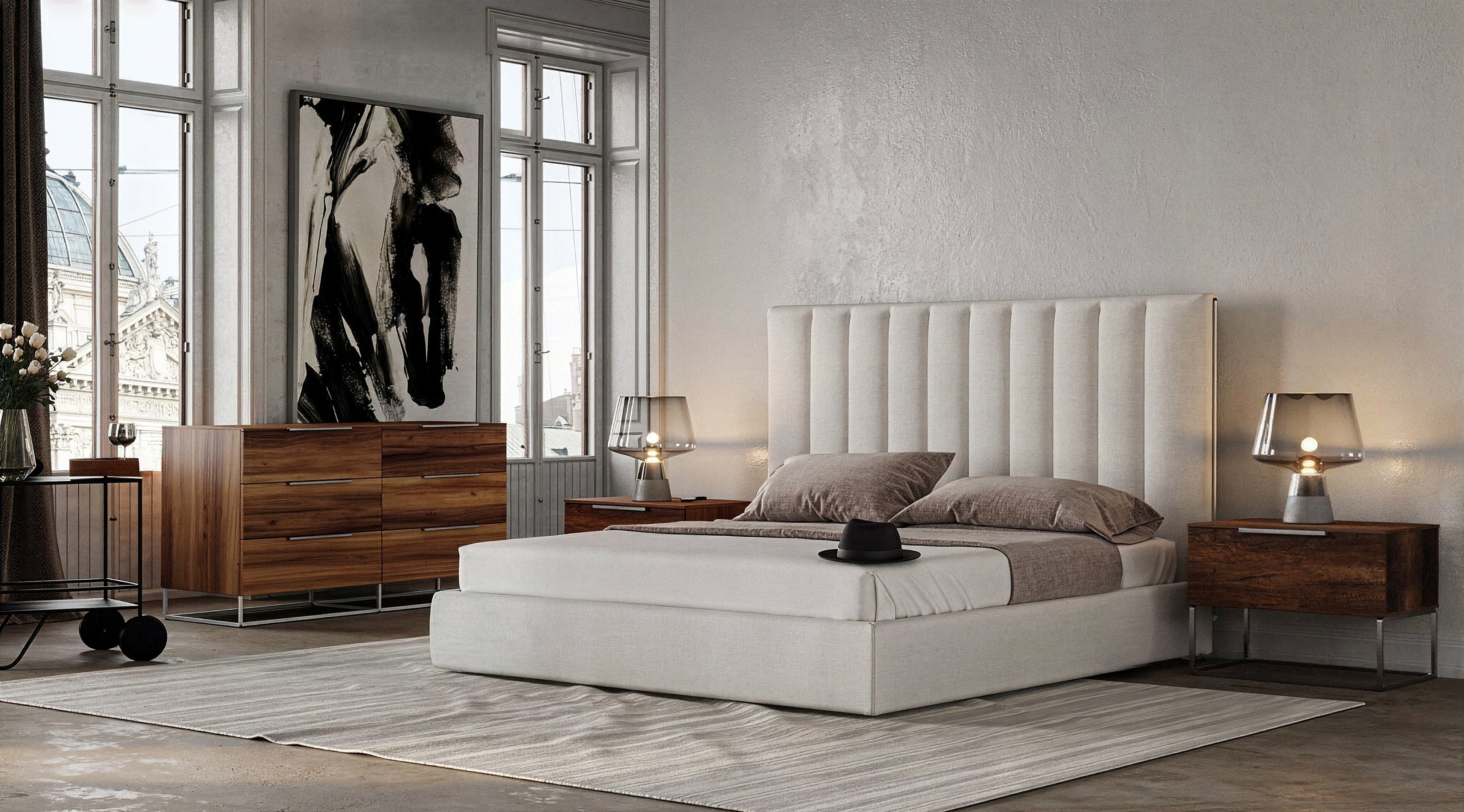 Eastern King Valhalla + Lorenzo - Modern White Fabric + Light Oak 4-Piece Bedroom Set by VIG Furniture - View 1