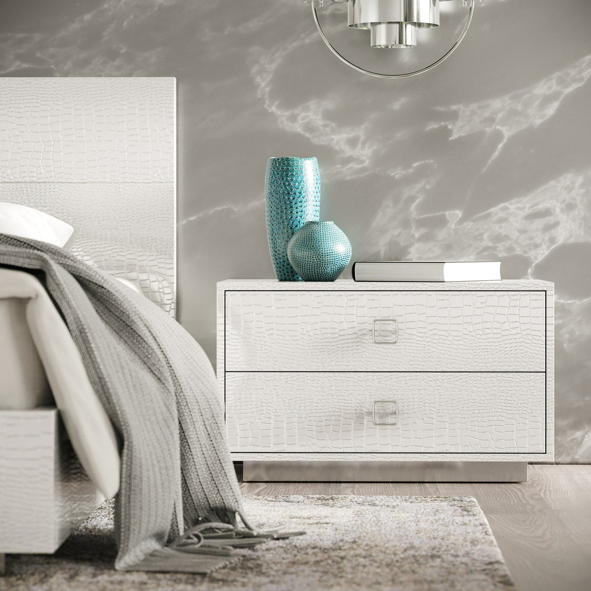 Eastern King Ovidius + Victoria - Modern White Crocodile Lacquer Bedroom Set