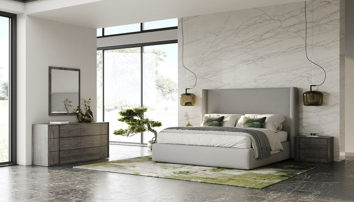 Eastern King Byrne + Asus - Modern Grey Fabric + Elm Grey Bed & 2 Nightstands