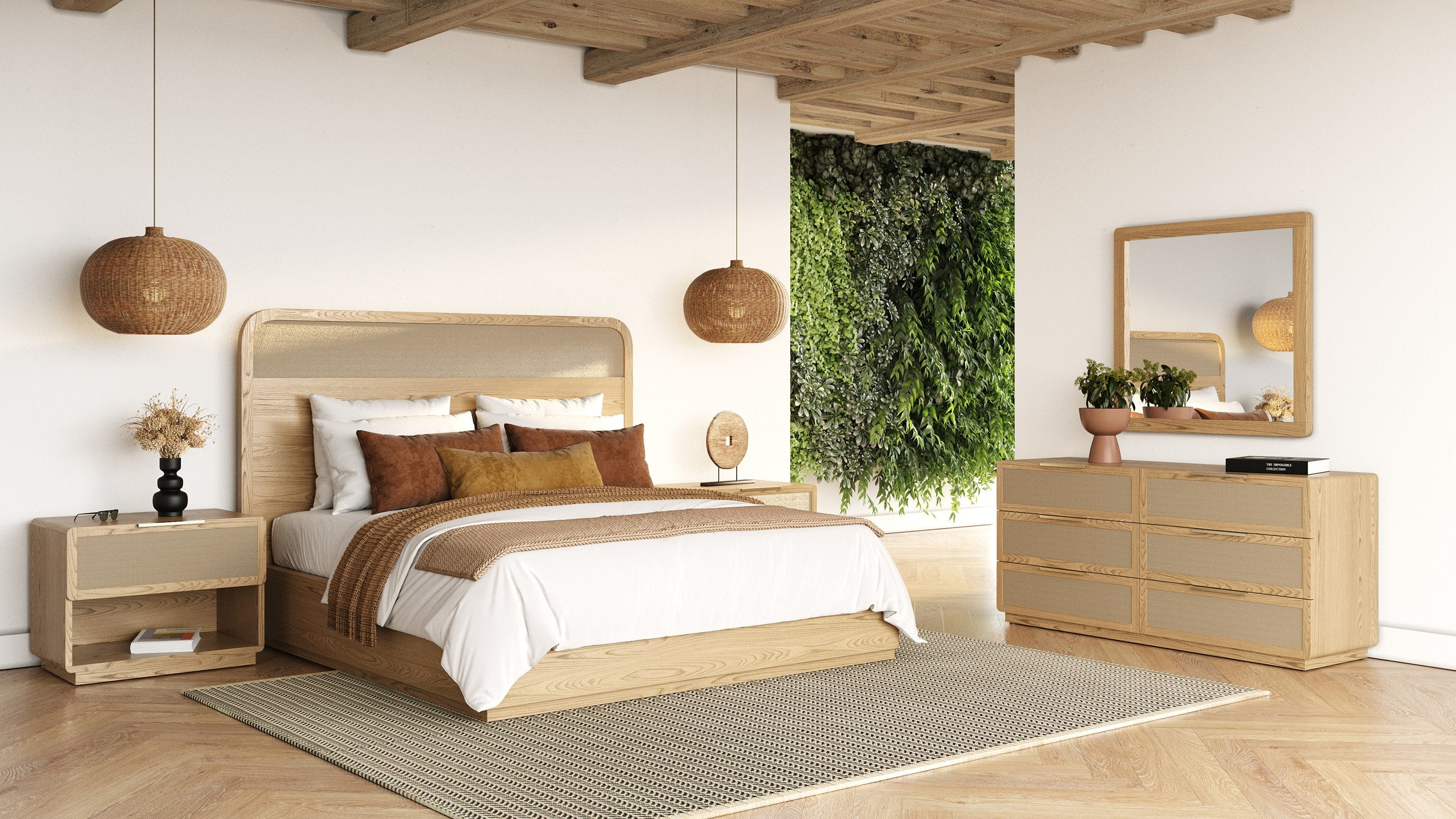 Eastern King Gavin - Modern Natural Ash + Rattan 4-Piece Bedroom Set by VIG Furniture - View 1