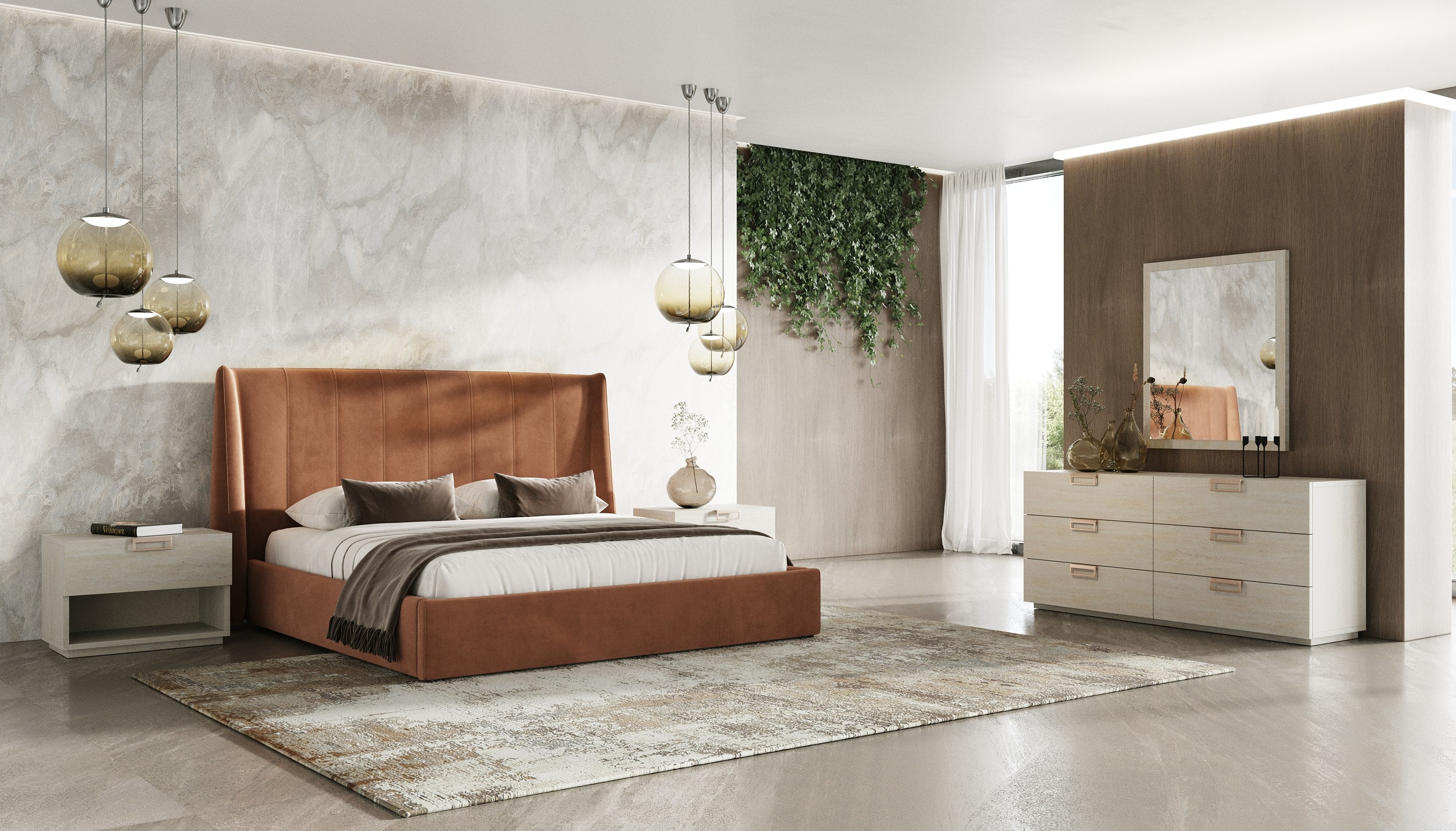 Eastern King Roma + Lago - Modern Burnt Orange Microfiber + Faux Travertine 4-Piece Bedroom Set by VIG Furniture - View 1