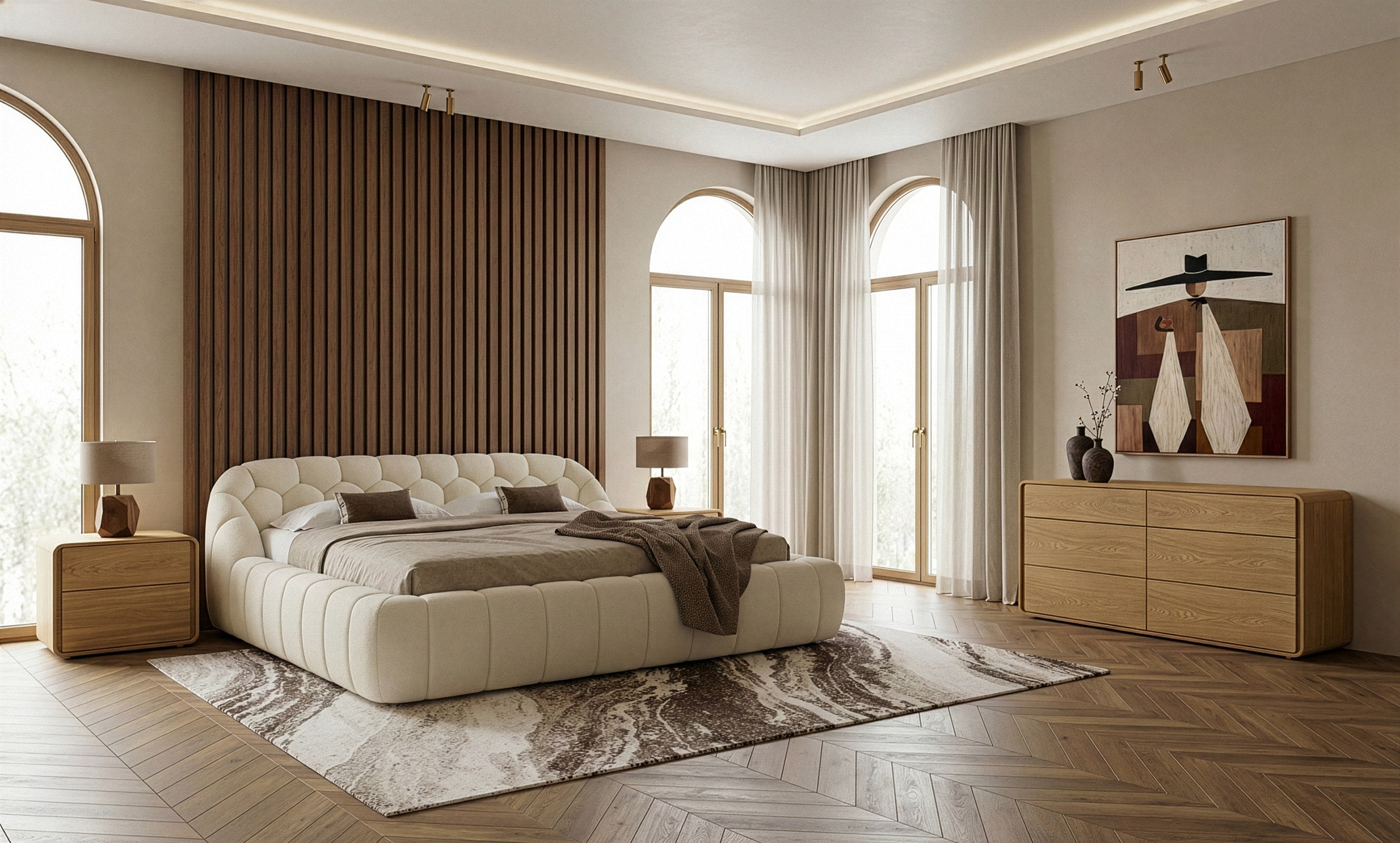 Eastern King Yolonda + Dustin - Modern Off-White Fabric + Natural Oak 4-Piece Bedroom Set by VIG Furniture - View 1